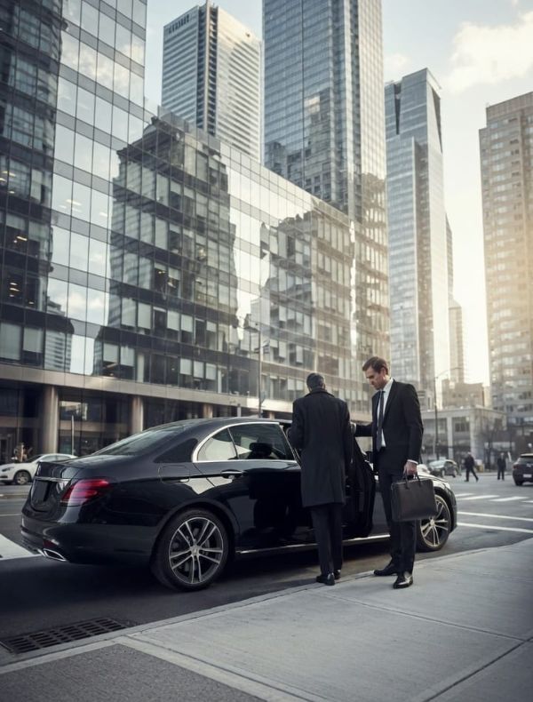 Chauffeur opening black Mercedes-Benz sedan door for executive on Toronto city street — Car Service Toronto by Zee