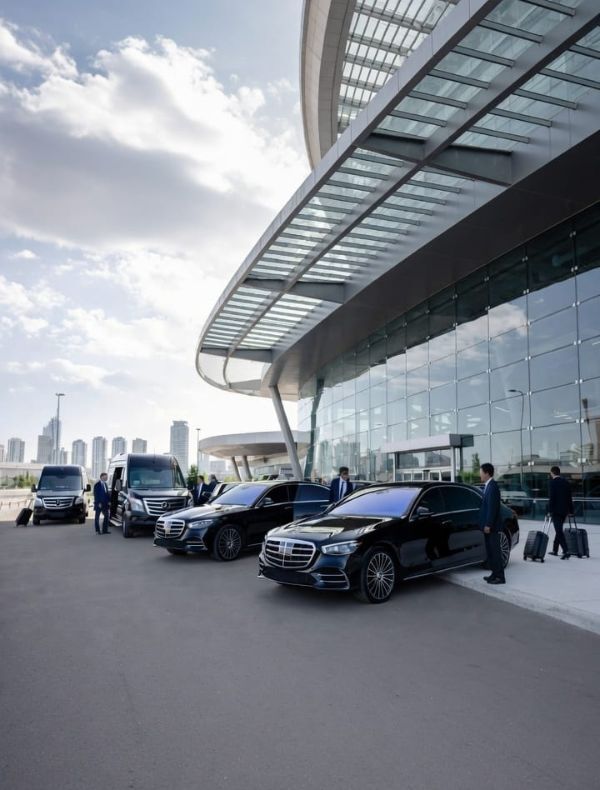 Black Mercedes sedan and Sprinter van fleet with chauffeurs outside Toronto convention center — Corporate Transportation Toronto by Zee