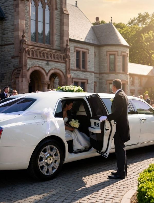 Bride in white gown entering ribbon-decorated stretch limo held by formal chauffeur — Wedding Limousine Service Toronto by Zee