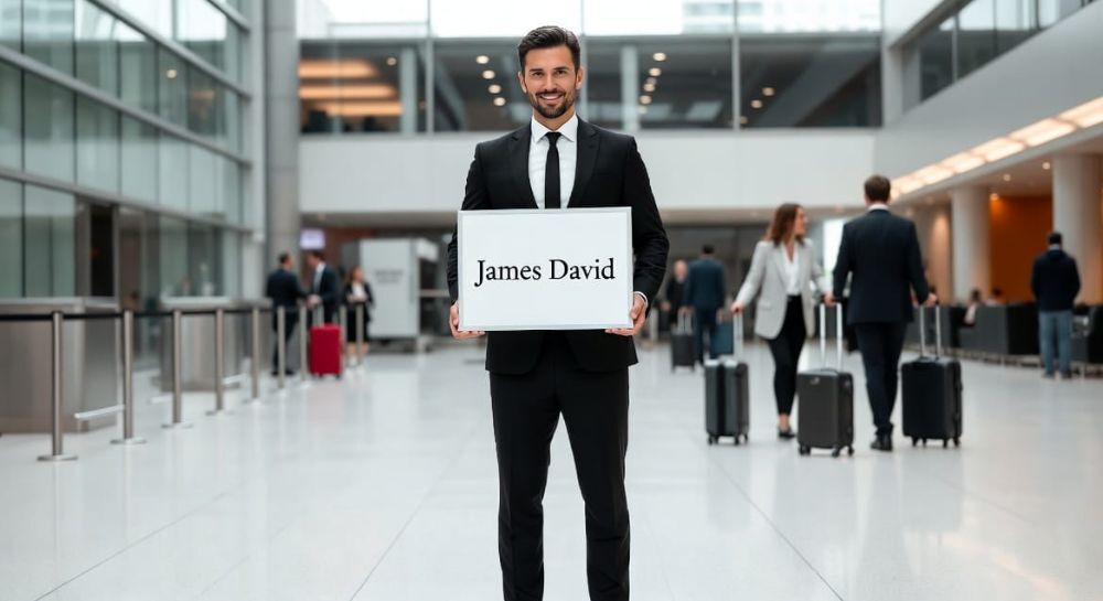 Chauffeur holding a client name sign at Toronto Pearson International Airport arrivals hall
