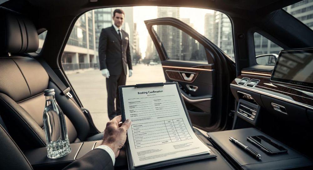 Client reviewing a written chauffeur service booking confirmation with itemized pricing