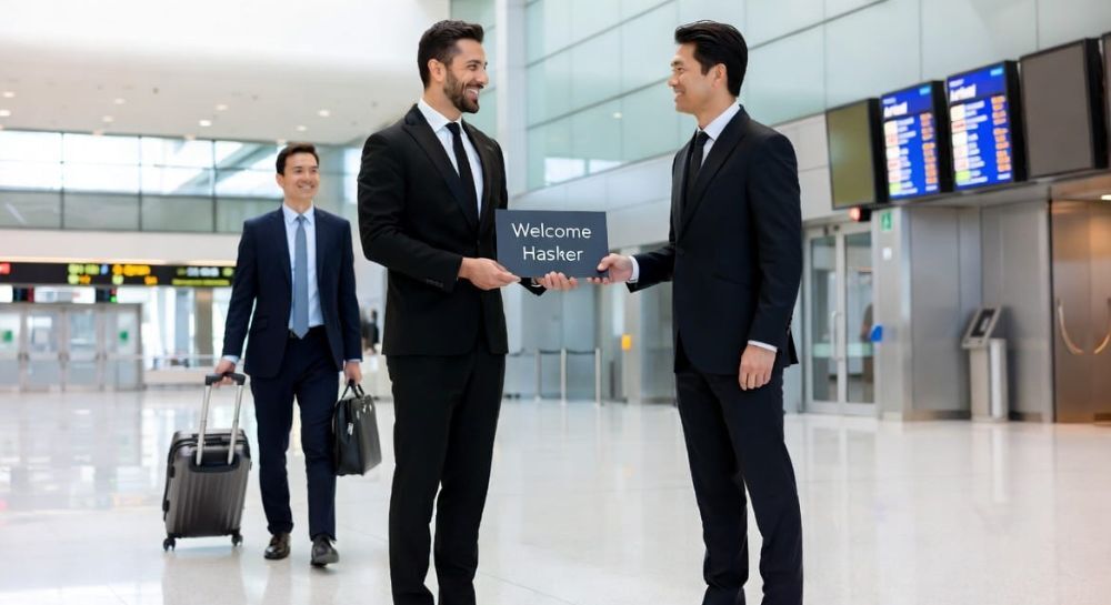 Chaueur greeting a corporate client at Toronto Pearson International Airport arrivals