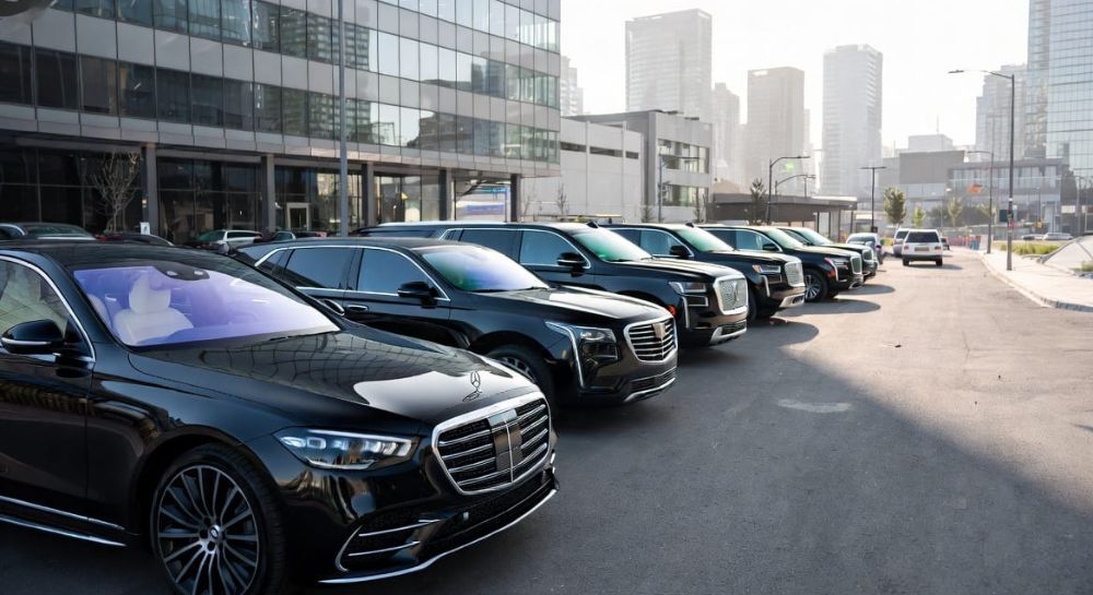 Fleet of luxury sedans and SUVs detailed and parked in a row for chauffeur service in Toronto