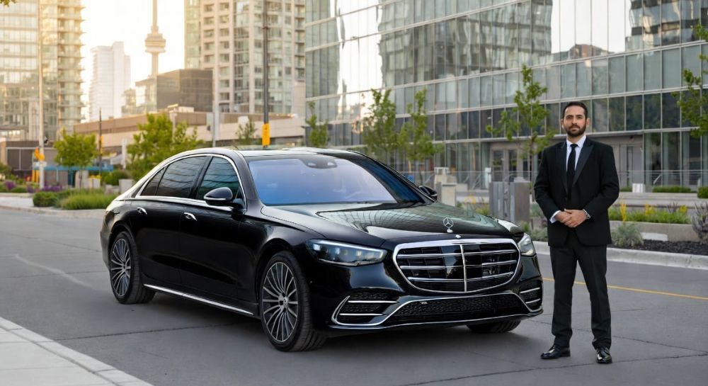 Black executive sedan parked on a Toronto downtown street near the financial district
