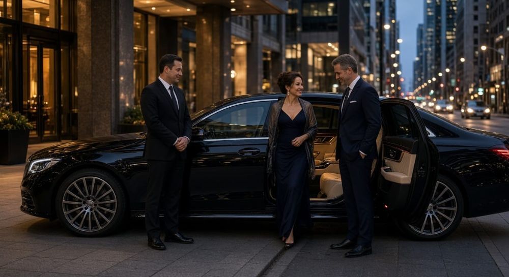 Chauffeur opening the door of a black luxury sedan for an executive couple outside a hotel at dusk