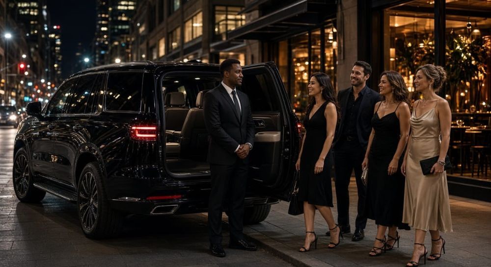 Chauffeur standing by a black luxury SUV as an elegant group boards outside a restaurant at night