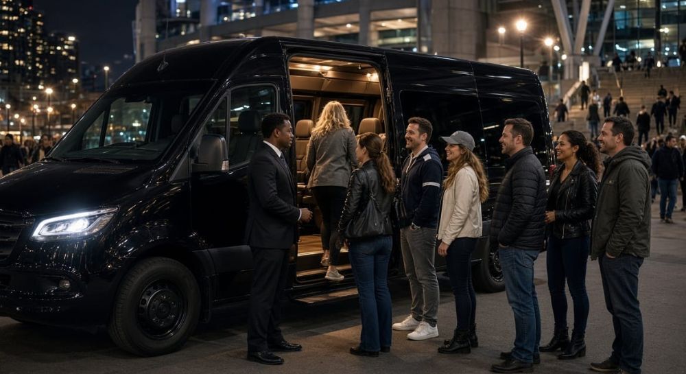 Chauffeur helping a stylishly dressed group board a black Mercedes-Benz Sprinter van outside a stadium at night