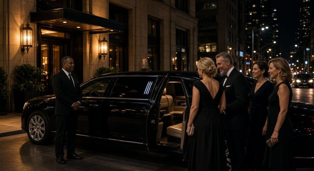 Uniformed chauffeur welcoming formally dressed guests into a black stretch limousine outside a grand hotel entrance at night