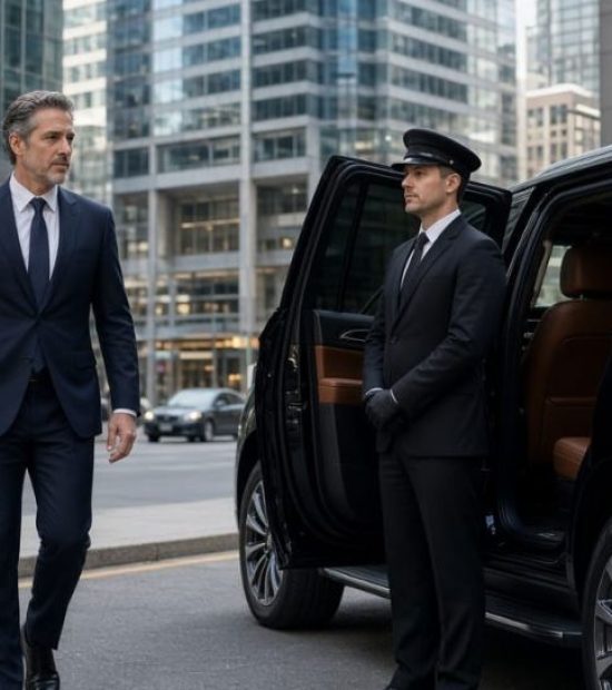 Executive walking with briefcase toward black luxury SUV as uniformed chauffeur holds door open, Toronto Financial District skyscrapers in background
