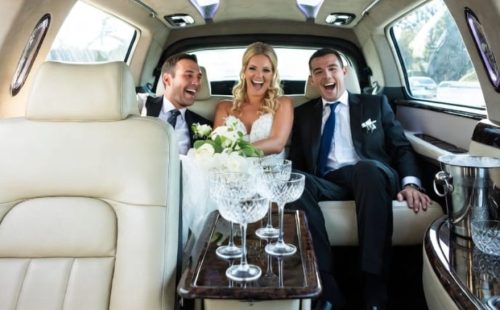 Chrysler 300 stretch limo interior with plush leather seats, LED lighting and wet bar — seats 8-10, classic wedding limo, Toronto.