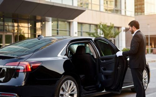 Executive Sedan luxury chauffeur car service card showing capacity for up to 3 passengers, 3 luggage bags, ideal for solo travelers, couples, and business trips.