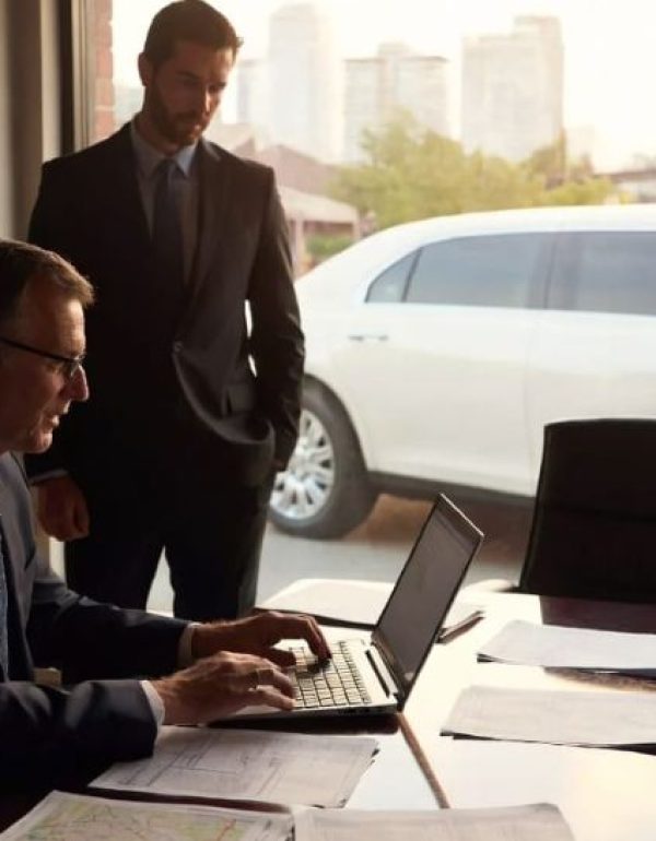 Wedding Limo Toronto team reviewing bookings and route planning in office, white stretch limos parked outside — owner Zee's personal service.