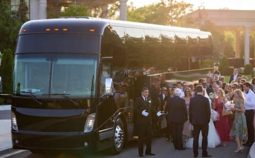 Black party bus with leather seating, LED lighting and premium sound — seats 20-30, wedding party and guest shuttle, Toronto.