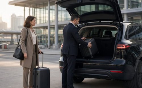 Female executive in beige coat with roller suitcase watching chauffeur load luggage into black luxury SUV at airport curbside