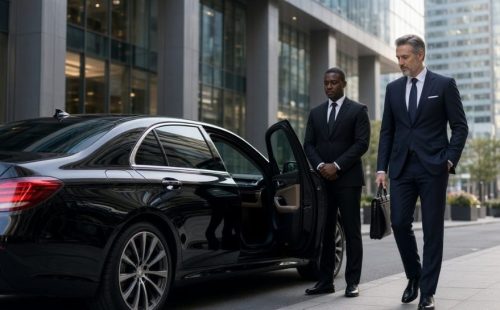 Corporate executive in navy suit with briefcase walking toward black Mercedes executive sedan, chauffeur holding door open, downtown Toronto skyline