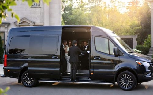 Black electric luxury crossover with LED lighting and sleek interior — eco-friendly wedding ride, seats 3-6, Wedding Limo Toronto.