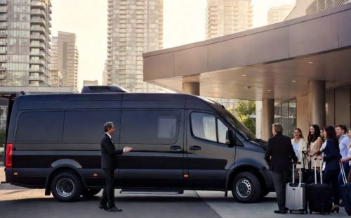 Sprinter Van executive chauffeur service card showing capacity for up to 12 passengers with high luggage capacity, ideal for larger groups, corporate events, and airport transfers.