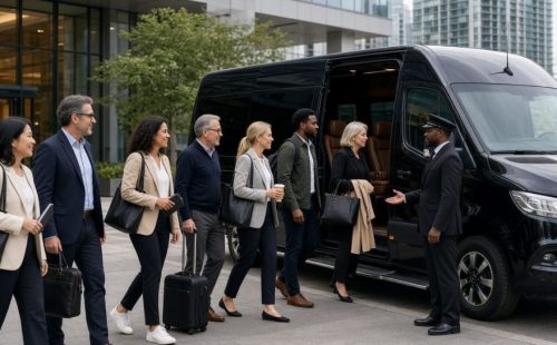 Corporate delegates boarding black Mercedes Sprinter van with chauffeur at open door outside Toronto office buildin