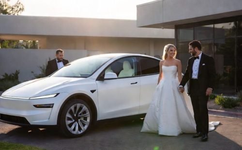White Tesla Y or GMC Denali with panoramic roof and clean interior — eco-conscious wedding ride, seats 3-6, Wedding Limo Toronto.